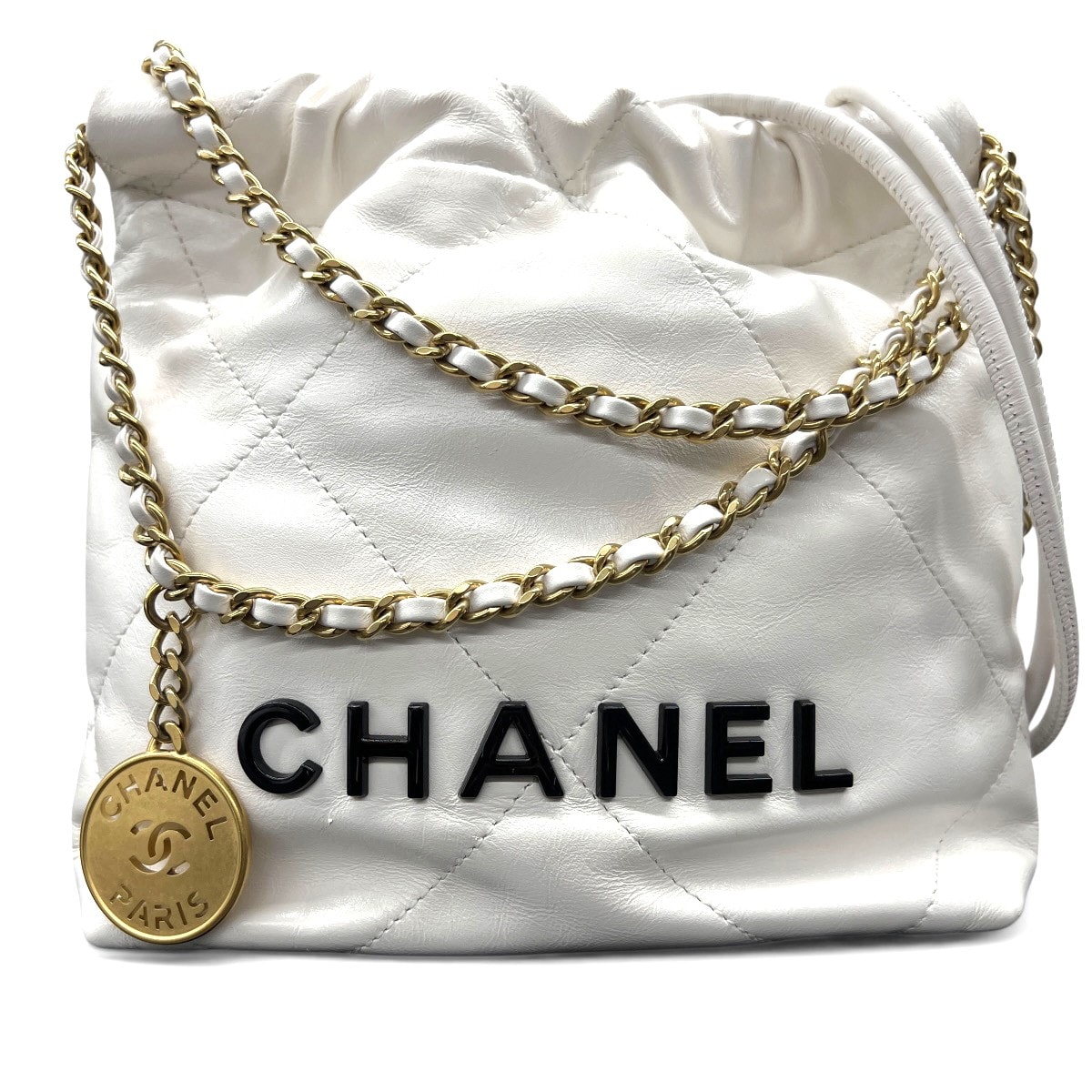 CHANEL 希少 美品 シャネル22 ミニ 2way ハンドバッグ チェーンショルダーバッグ AS3980 カーフスキン レザー ホワイト ブラック ホーボーバッグ ポシェット 巾着 ABランク 鑑定済 中古 シャネルバッグ
