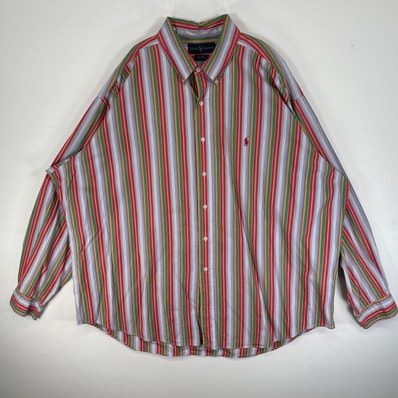 古着 ラルフローレン RALPH LAUREN 長袖シャツ ロゴ 刺繍 大きいサイズ 14041 マルチカラー ストライプ メンズ