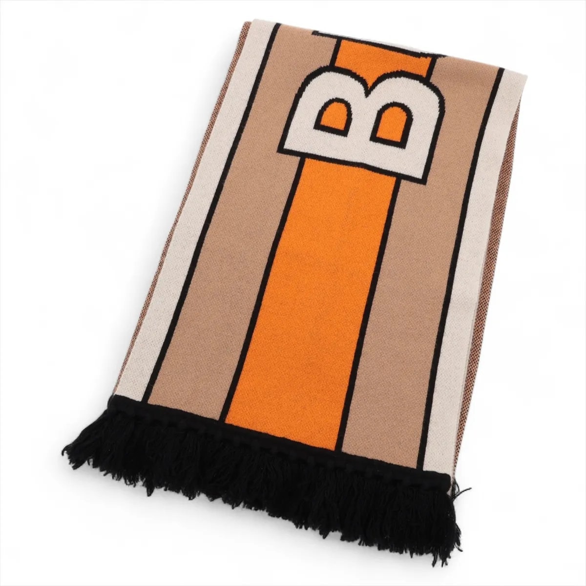 ■美品 バーバリー ロゴ ストライプ フリンジ ベージュマフラー