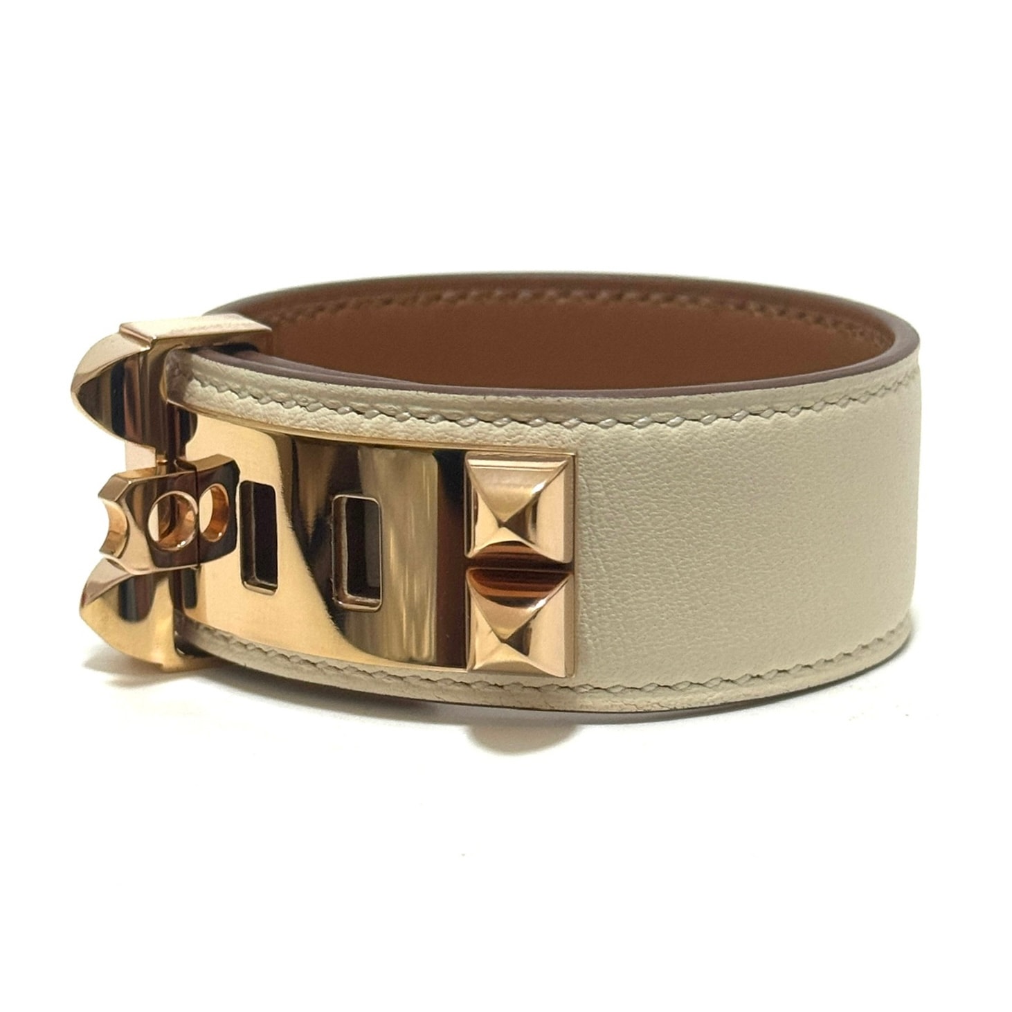 エルメス コリエ ド シアン ブレスレット バングル アイボリー ホワイト ゴールド レザー 本革 アクセサリー Collier de chien 24 HERMES
