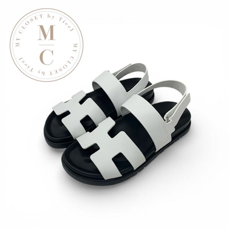 エルメス HERMES ジニアス サンダル 靴 シューズ レザー ホワイト 白 ベルクロ ストラップ フラット