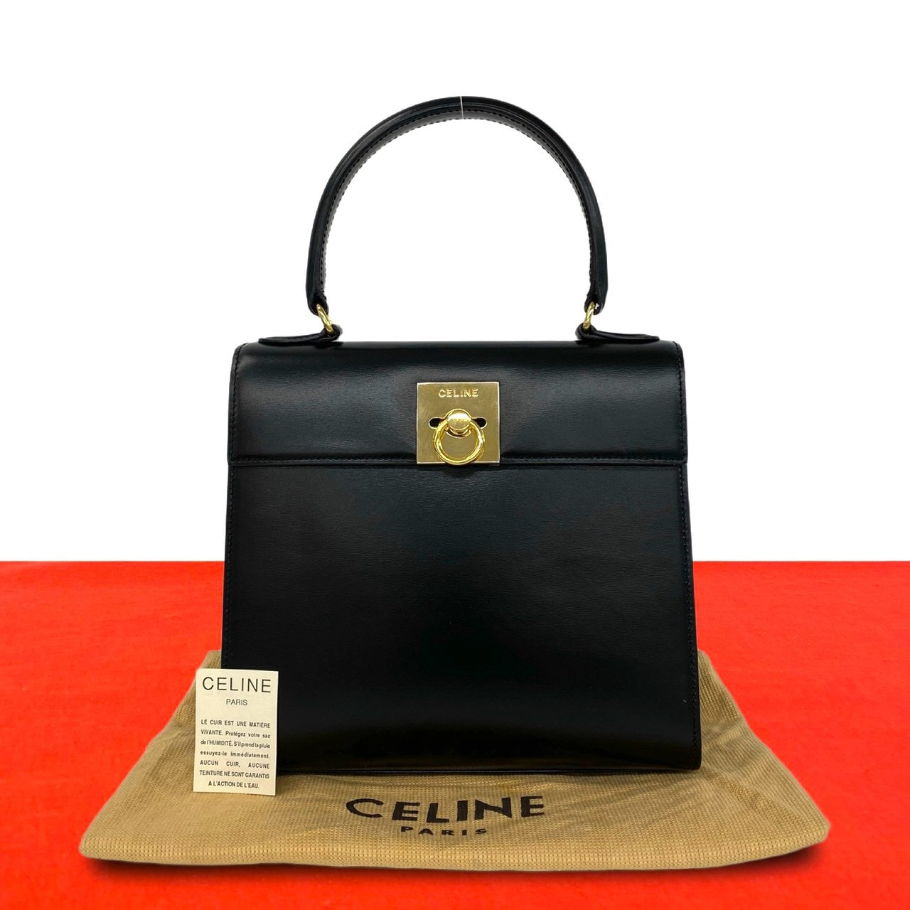 CELINE セリーヌ ロゴ リング金具 カーフ ハンドバッグ ブラック
 e29-1