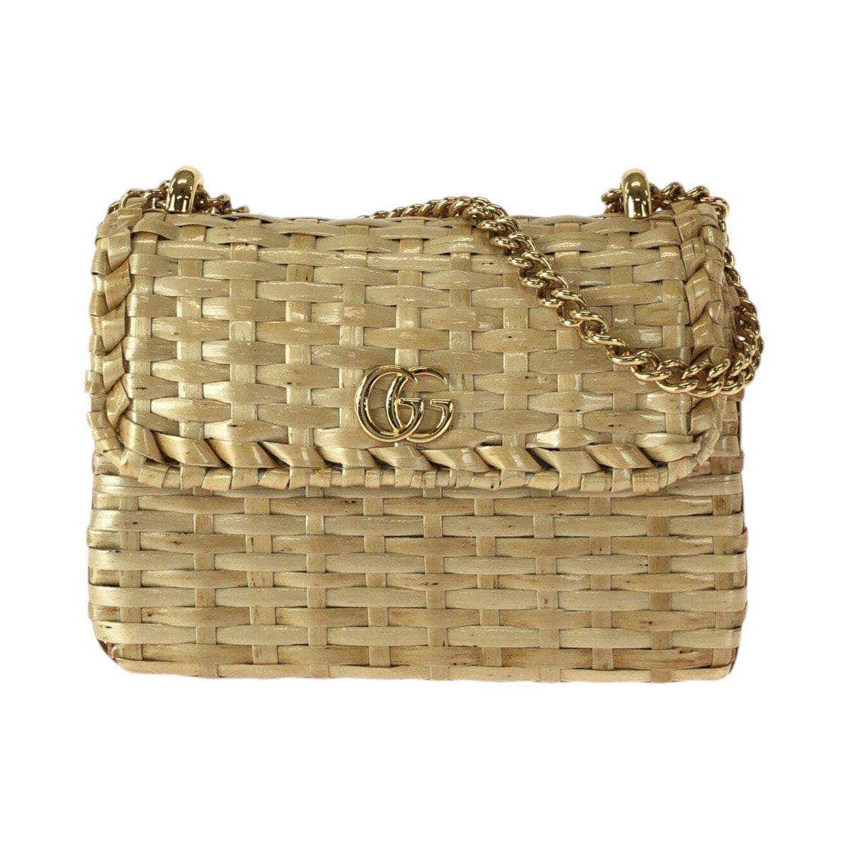 美品 GUCCI グッチ ウィッカー ベージュ ゴールド金具 ラタン チェーンショルダーバッグ ポシェット 601247 【中古】