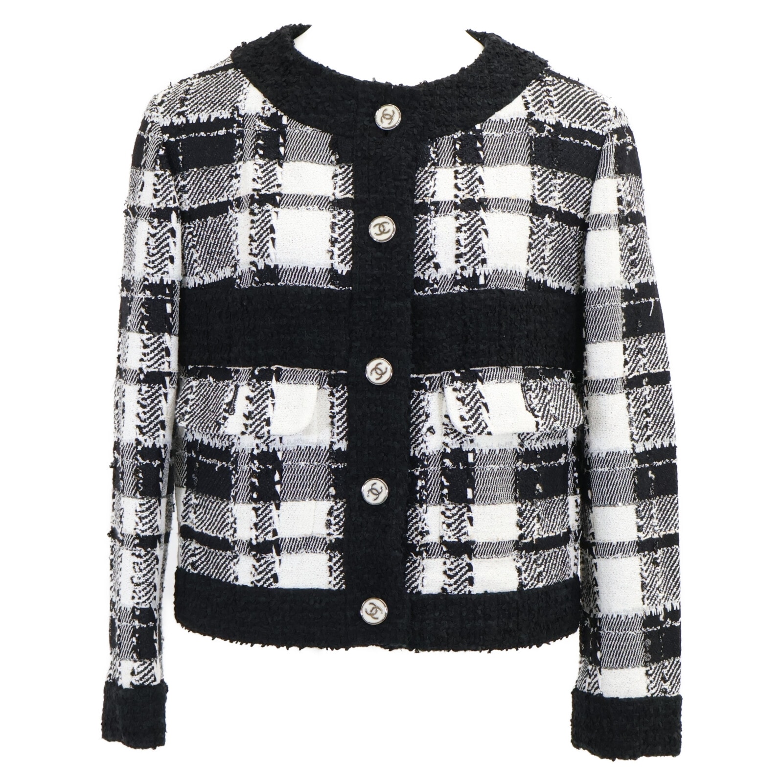 シャネル 【美品/国内正規/23SS】P74407V65893 ココマークボタン ツイード ノーカラージャケット 34