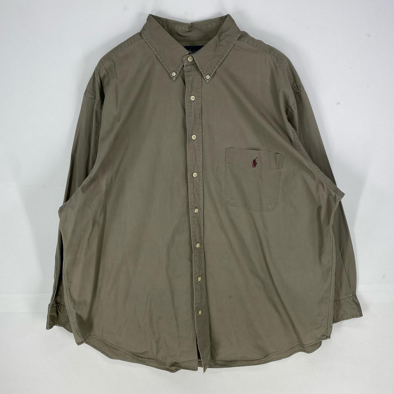 古着 ラルフローレン RALPH LAUREN 長袖シャツ ボタンダウン ポニー 胸ポケット ロングスリーブ 2X BIG  ベージュ系 メンズ