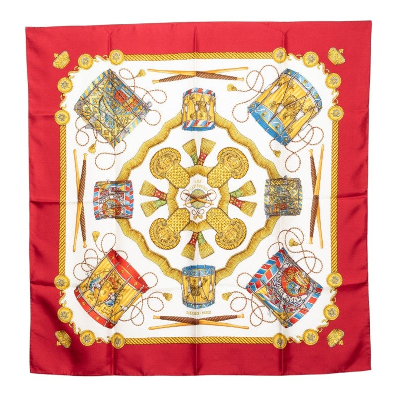 エルメス カレ90 LES TAMBOURS 太鼓 スカーフ レッド マルチカラー シルク レディース HERMES 【中古】