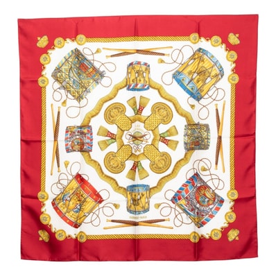エルメス カレ90 LES TAMBOURS 太鼓 スカーフ レッド マルチカラー シルク レディース HERMES 【中古】