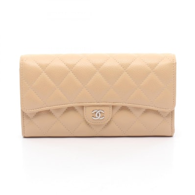 シャネル CHANEL クラシック ロング フラップ ウォレット マトラッセ 二つ折り長財布 財布 キャビアスキン(グレインドカーフ) レディース ベージュ系 AP0241 【中古】