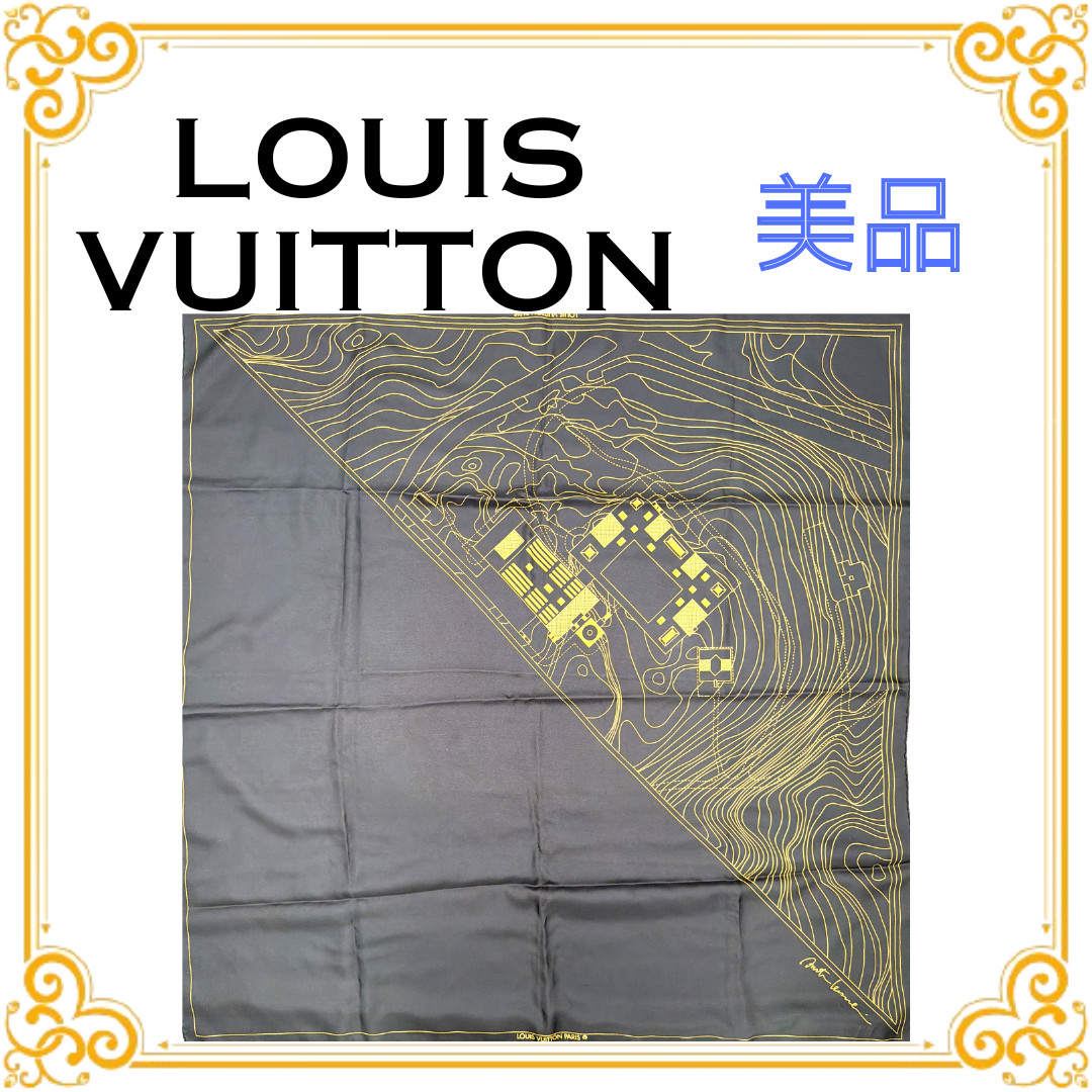 ■美品■ LOUIS VUITTON ルイヴィトン 磯崎新 コラボ 地形図 シルク スカーフ ブラック 黒 大判 ストール ショール レディース レア 希少