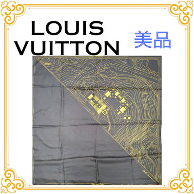 ■美品■ LOUIS VUITTON ルイヴィトン 磯崎新 コラボ 地形図 シルク スカーフ ブラック 黒 大判 ストール ショール レディース レア 希少