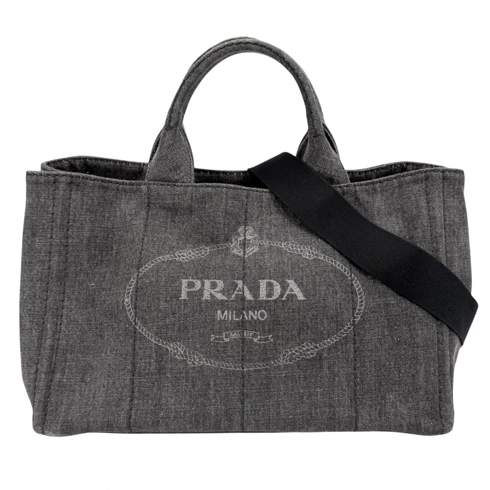 PRADA プラダ ハンドバッグ 肩掛け カナパ デニム トートバッグ トライアングルロゴ 2WAY ショルダーバッグ 1BG642 コットン    ブラック 黒 ゴールド金具 レディース【中古品】