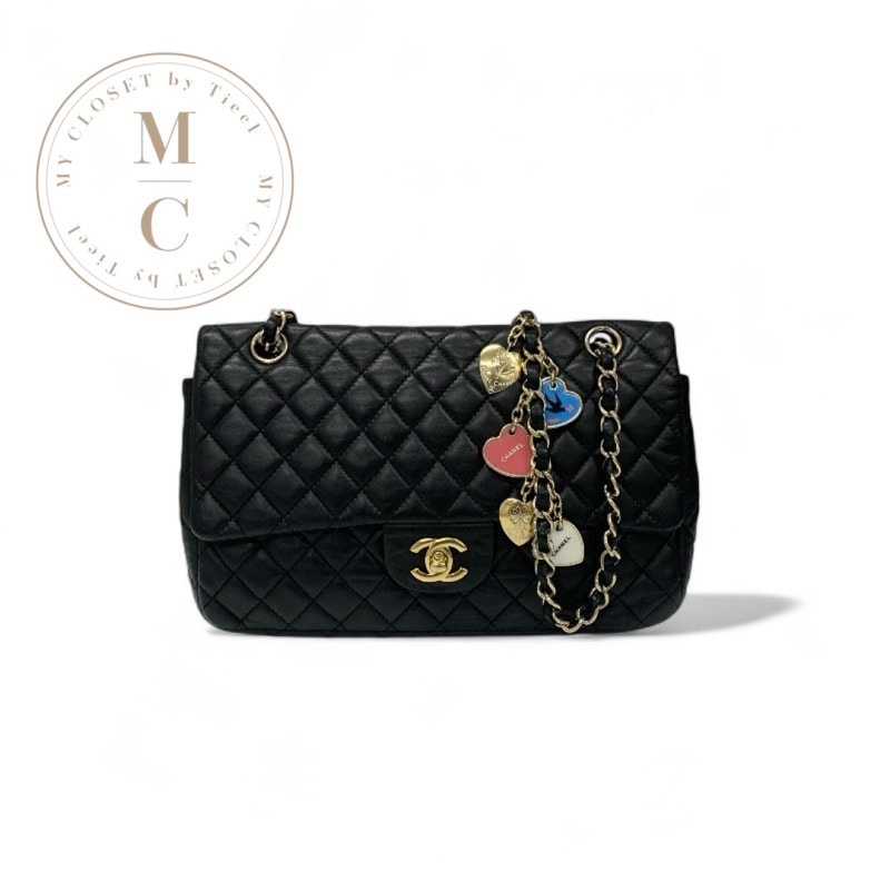 シャネル CHANEL バッグ ショルダーバッグ ブラック ゴールド ココマーク マトラッセ シングルフラップ ダブルチェーン ハート チャーム
