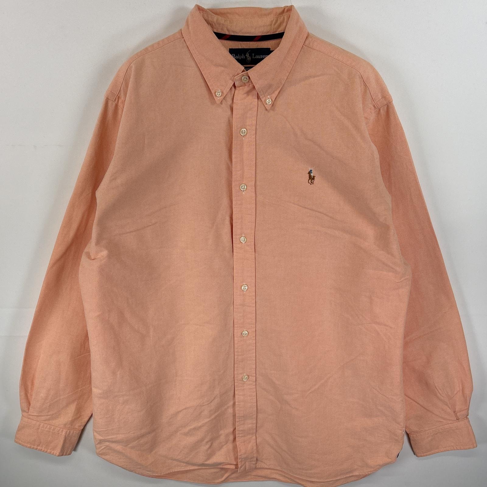 古着 90's/90年代 ラルフローレン RALPH LAUREN 長袖シャツ ワンポイント ロゴ 刺繍 カラーシャツ ボタンダウンシャツ L  オレンジ系 無地 メンズ