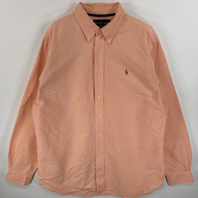 古着 90's/90年代 ラルフローレン RALPH LAUREN 長袖シャツ ワンポイント ロゴ 刺繍 カラーシャツ ボタンダウンシャツ L オレンジ系 無地 メンズ