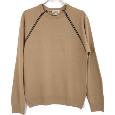 エルメス 02-5747 ベージュ ヴァージンウール×カシミヤ クルーネック ロングスリーブラグランニットプルオーバー L