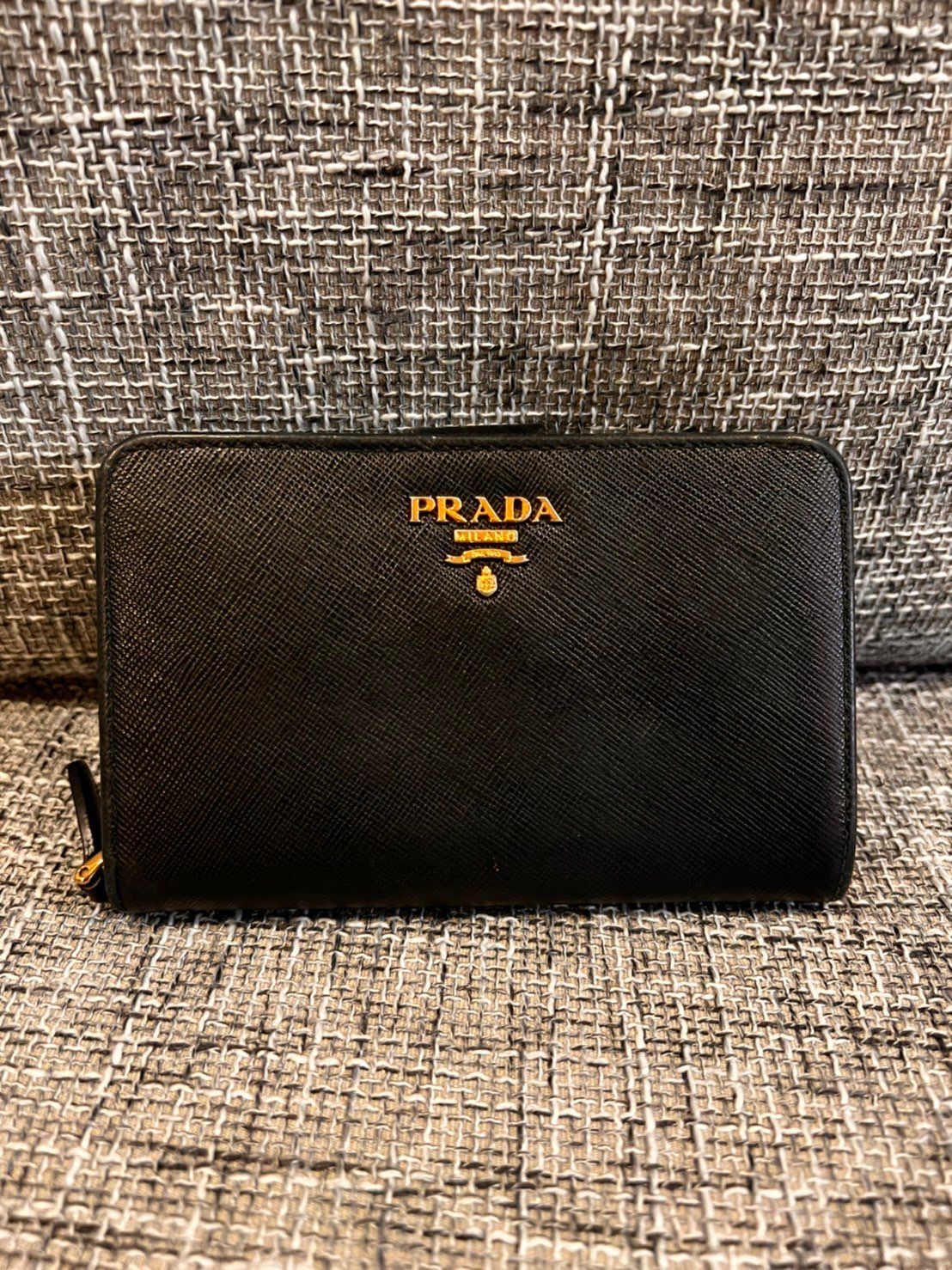 PRADA Small Saffiano Leather Wallet "Black/Hibiscus"