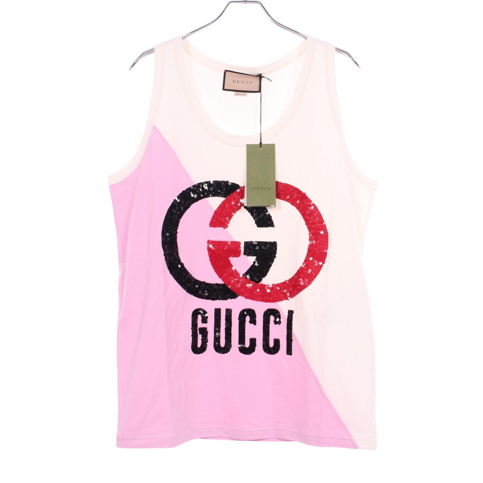 グッチ GUCCI インターロッキングG スパンコール タンクトップ 衣料品 トップス コットン レディース ホワイト系 / ピンク系 【中古】