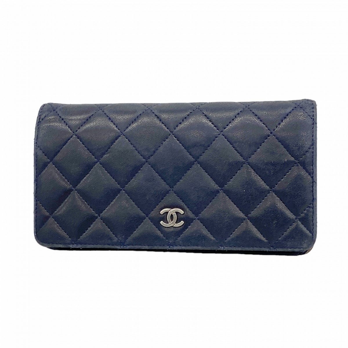 【6gb0844】シャネル 長財布 マトラッセ ラムスキン ネイビー シルバー金具【中古】レディース