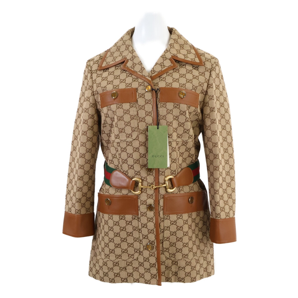 グッチ 【新品同様/国内正規】682302 GGキャンバス ウェブストライプ ベルト付 レザー切替ジャケット 40