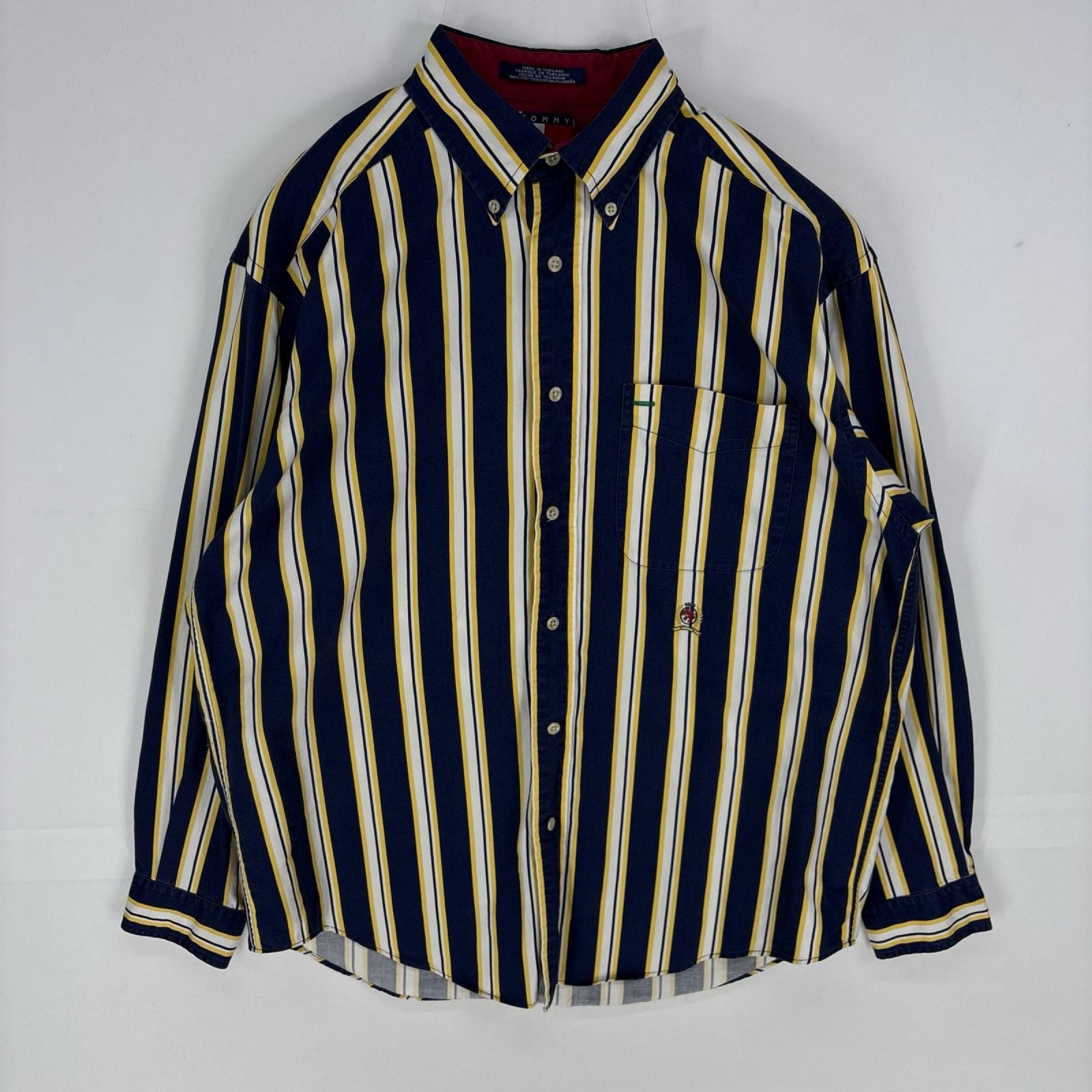古着 トミーヒルフィガー TOMMY HILFIGER 長袖シャツ ボタンダウン ワンポイント 胸ポケット 刺繍 S  ネイビー系 ストライプ メンズ