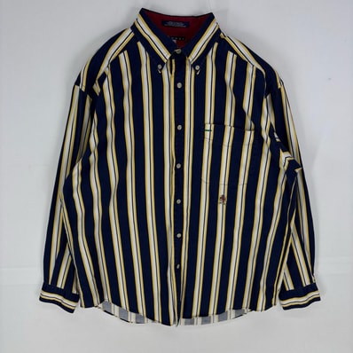 古着 トミーヒルフィガー TOMMY HILFIGER 長袖シャツ ボタンダウン ワンポイント 胸ポケット 刺繍 S ネイビー系 ストライプ メンズ