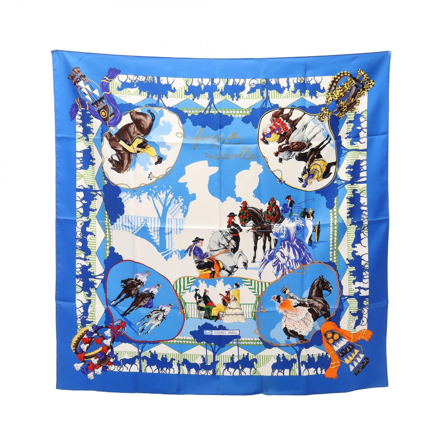 エルメス HERMES カレ90 feria de sevilla スカーフ 衣料品 シルク シルク レディース ブルー系 / マルチカラー 【中古】