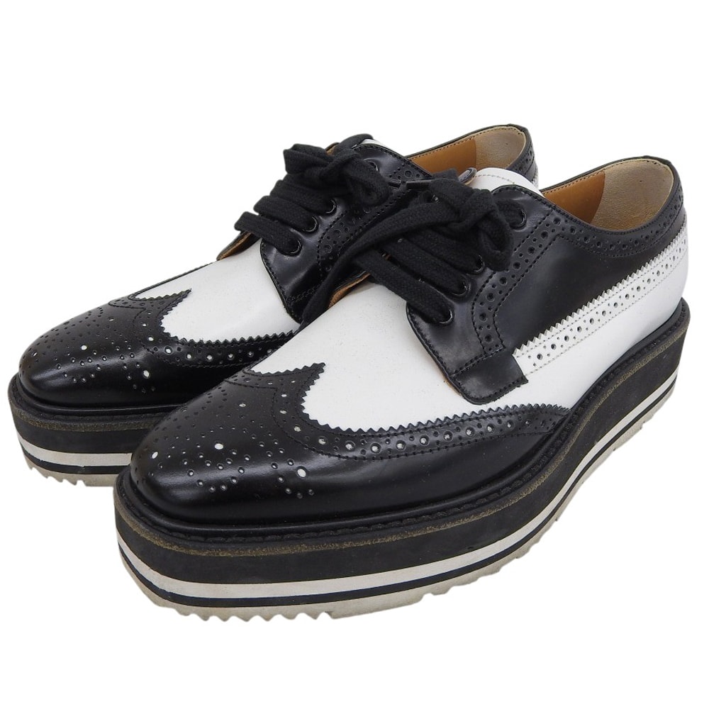 プラダ ウイングチップ シューズ レディース ブラック×ホワイト 37 1E722E 37