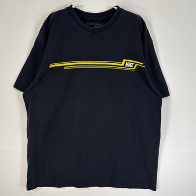 古着 ナイキ NIKE 半袖Tシャツ ロゴ 刺繍 ラバープリント クルーネック L ブラック メンズ