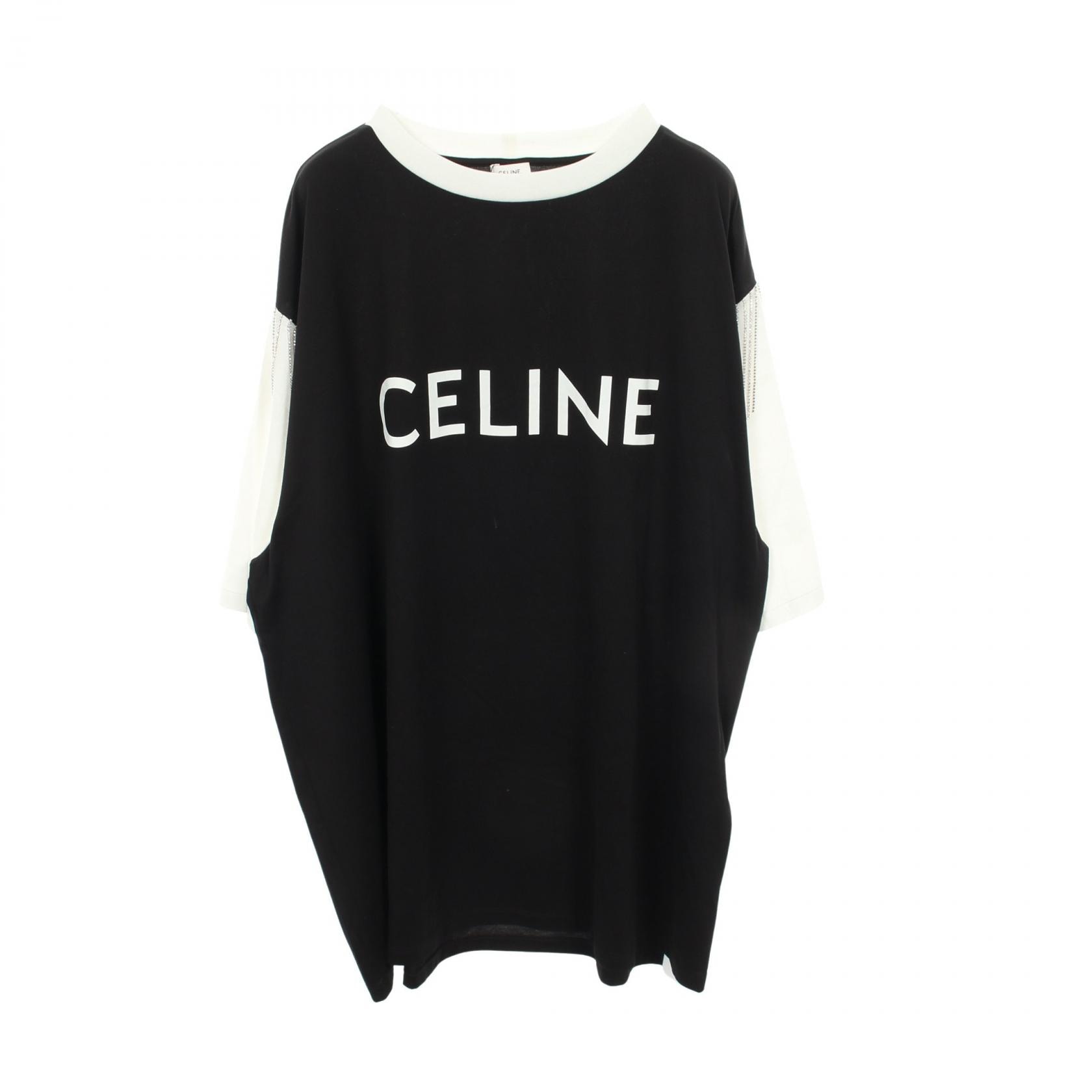 セリーヌ CELINE ロゴプリント メタルフリンジ 半袖Tシャツ 衣料品 トップス コットン メンズ ブラック系 / ホワイト系 【中古】