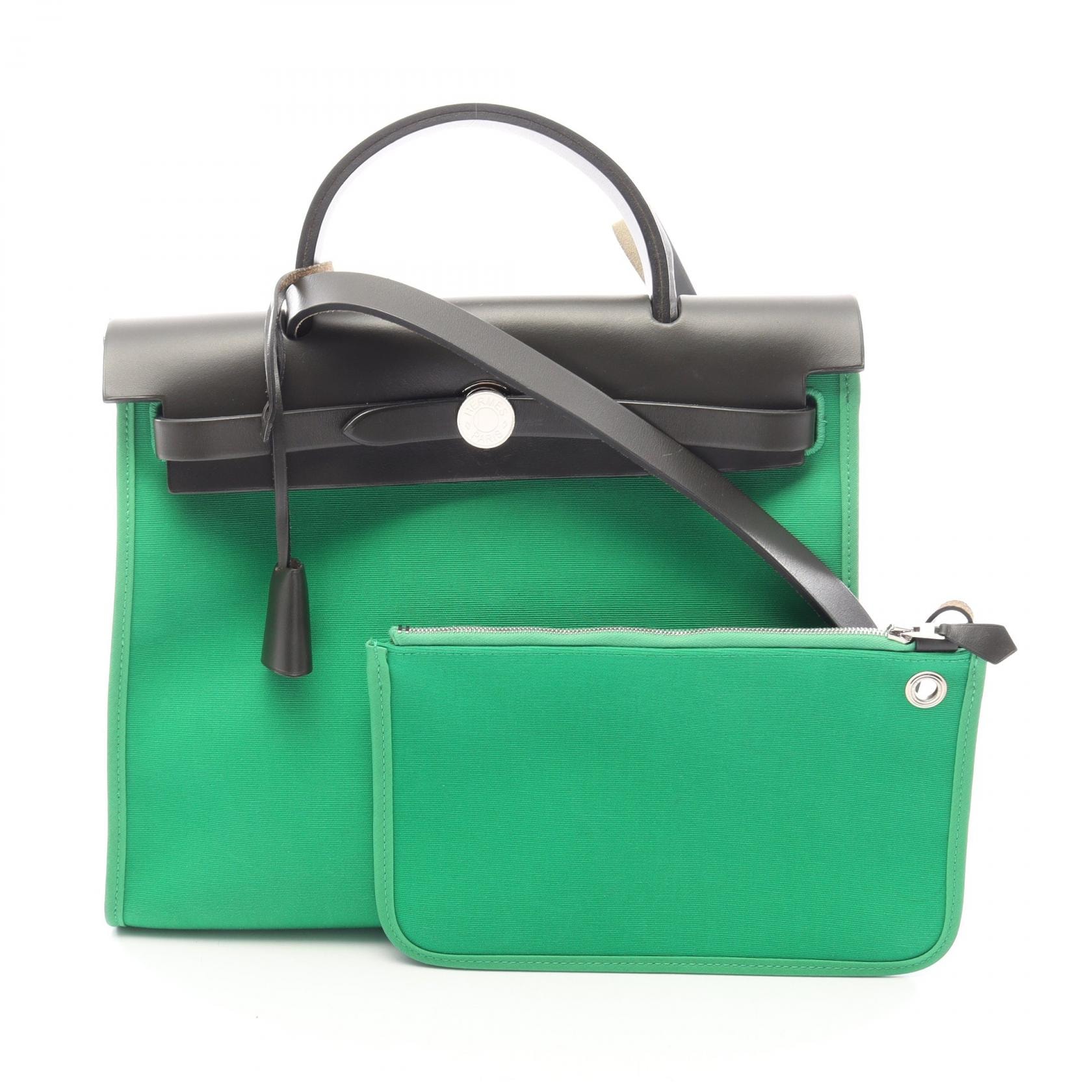 エルメス HERMES エールバッグジップPM 2WAY ハンドバッグ バッグ キャンバス レザー トワルオフィシエ / ヴァッシュハンター トワルオフィシエ バンブー Y刻印(2020年製造) レディース グリーン系 / グレー系