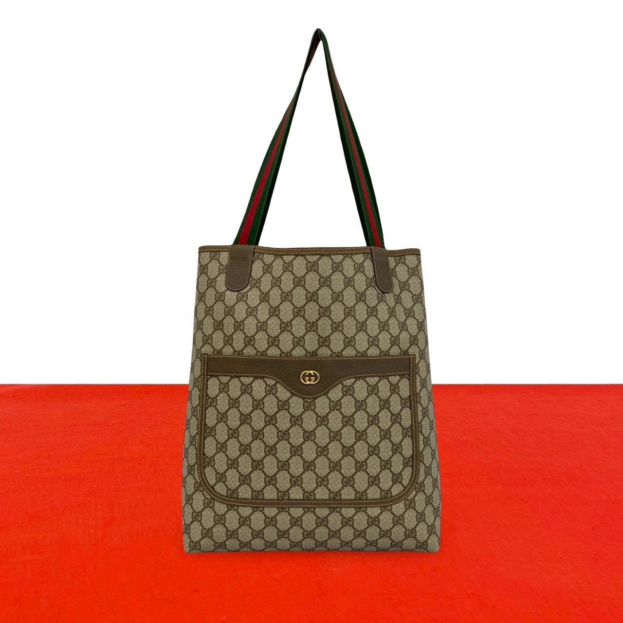 GUCCI グッチ シェリーライン GG ロゴ 金具 PVC レザー トートバッグ ブラウン
 231-5