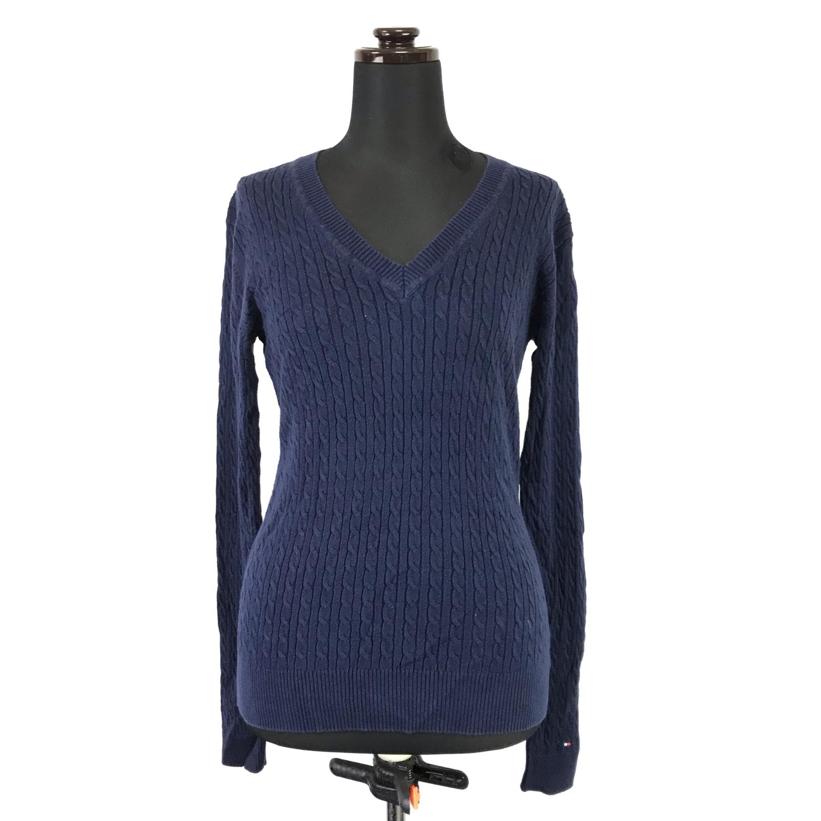 TOMMY HILFIGER【トミーヒルフィガー】ピマコットンセーター【レディースS/紺/navy/ケーブルニット】Vネック/長袖/Tops/sweater◆BJ084-b