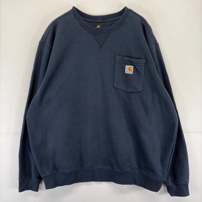 古着 カーハート Carhartt スウェット 前レース 大きいサイズ クルーネック 胸ポケット トレーナー XL ネイビー メンズ