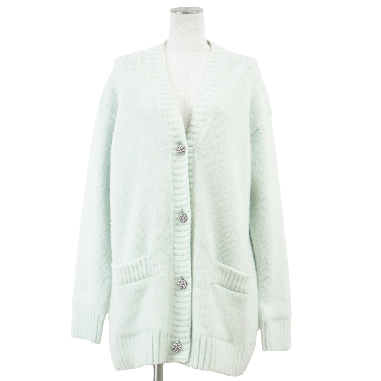 【美品】PRADA プラダ ニット サイズ 40 レディース カーディガン シャギーニット トライアングルロゴ ビジューボタン シフォンライニング 24AW トップス ハンガー付属 サックスブルー 青 イタリア製