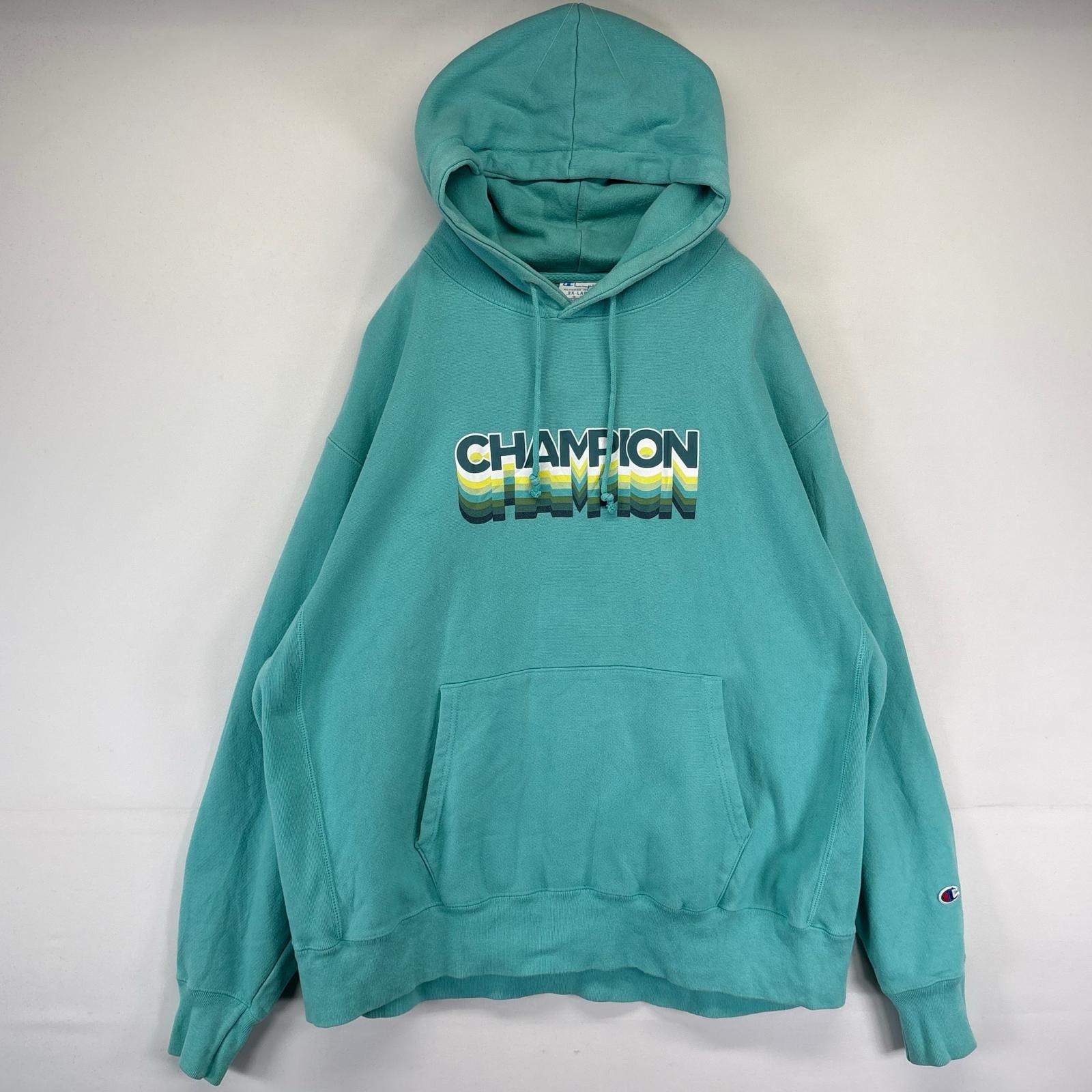 古着 チャンピオン Champion パーカー リバースウィーブ ロゴプリント エメラルドグリーン 大きいサイズ 2XL 水色系 メンズ