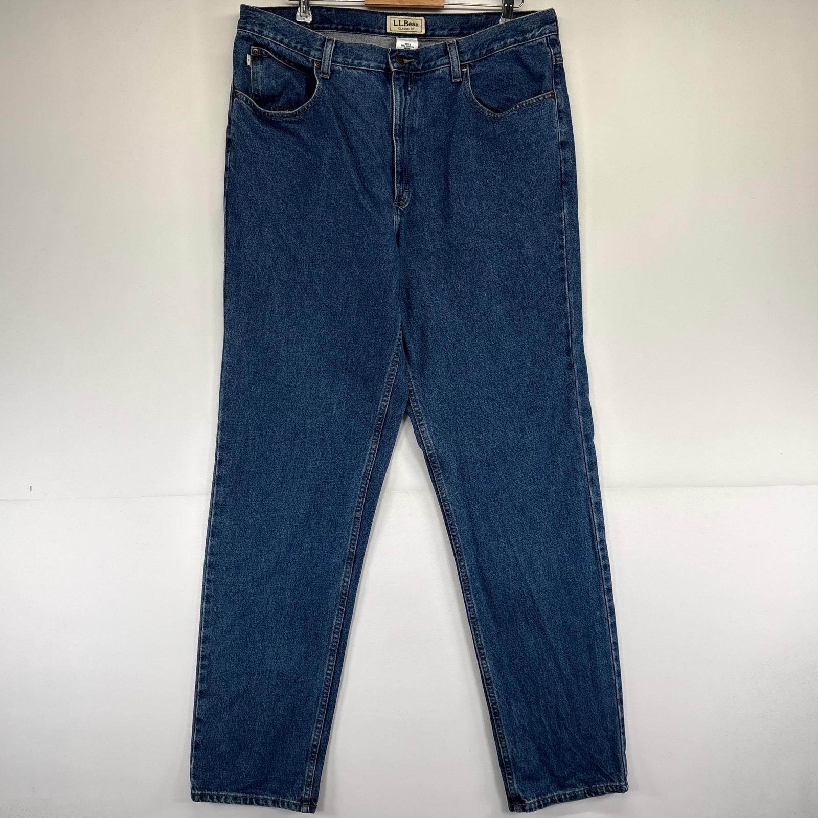 古着 エルエルビーン L.L.Bean パンツ レザーパッチ 5ポケット ストレート ジーパン w38×L36  ブルー系 メンズ