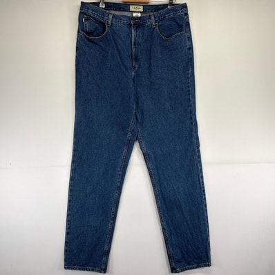 古着 エルエルビーン L.L.Bean パンツ レザーパッチ 5ポケット ストレート ジーパン w38×L36 ブルー系 メンズ