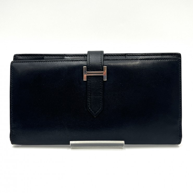 HERMES(エルメス)ベアンスフレ ヴィンテージ 長財布 二つ折りウォレット ボックスカーフ ブラック シルバー金具 □K刻印【中古】