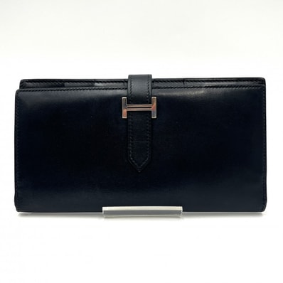 HERMES(エルメス)ベアンスフレ ヴィンテージ 長財布 二つ折りウォレット ボックスカーフ ブラック シルバー金具 □K刻印【中古】
