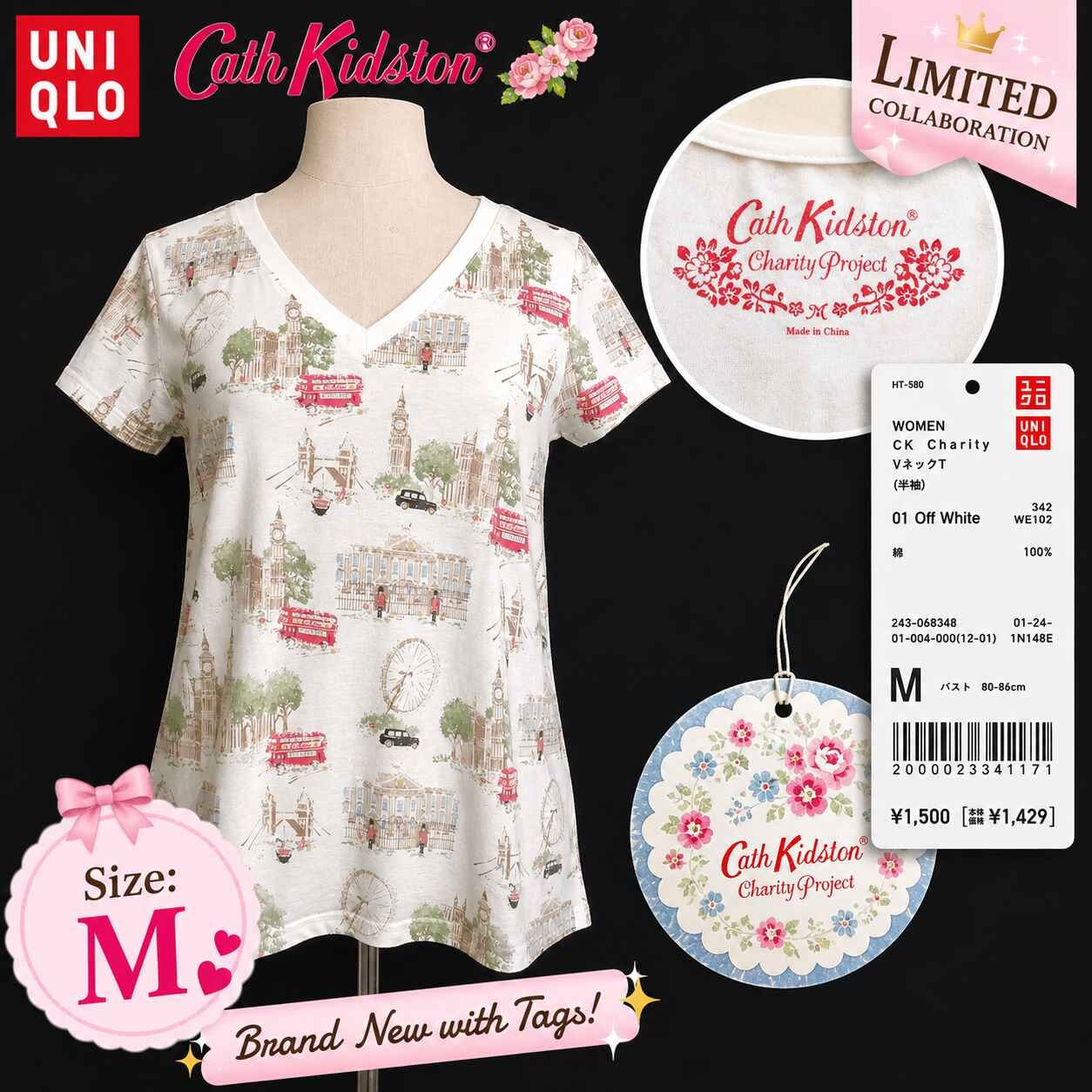 タグ付き新古品★限定品/UNIQLO +J × Cath Kidston/ユニクロ★コラボ/半袖トップス/Tシャツ【レディースM/白/white/ロンドン柄】Tops/Shirt◆BJ179-j