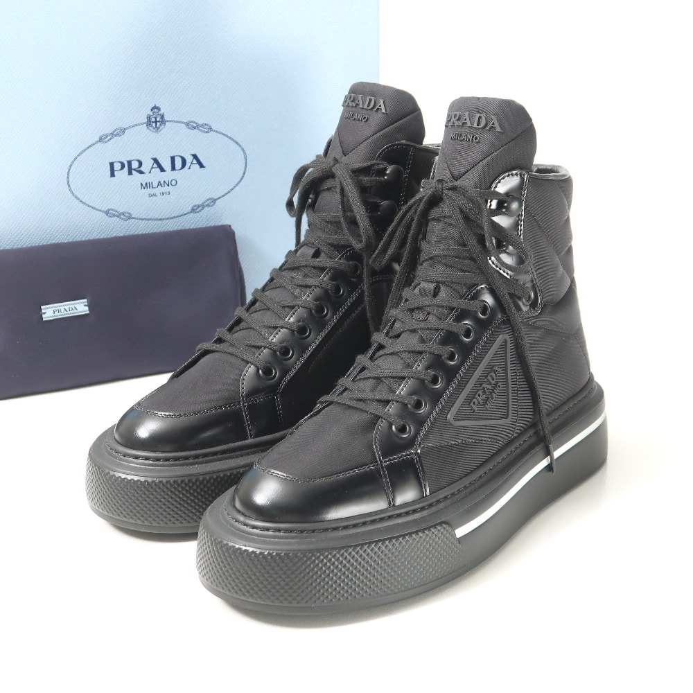 ■美品■2022AW■PRADA プラダ MACRO HIGH TOP スニーカー サイズ37 ハイカット トライアングルロゴ RE-NYLON ECONYL レザー ナイロン 靴【おすすめ】 イタリア製 ブランド古着【中古】20250610/RA4804