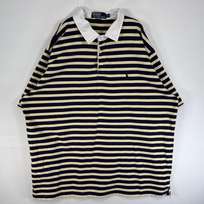 古着 90's/90年代 ポロバイラルフローレン Polo by Ralph Lauren 半袖 ポロシャツ ロゴ 刺繍 ラバーボタン 14041 イエロー系 ボーダー メンズ