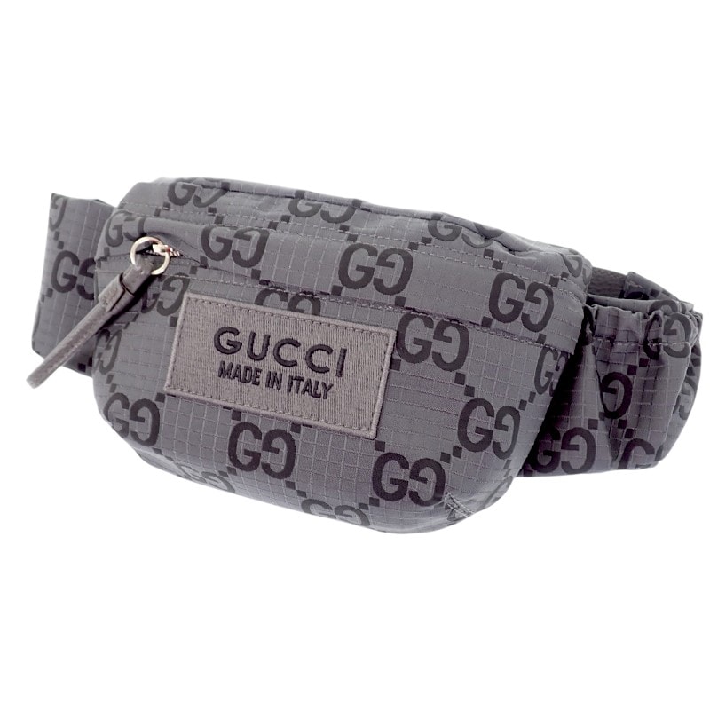グッチ GUCCI ベルトバッグ ラージ 767934 ボディバッグ GGリサイクルポリエステル ブラック グレー シルバー金具 メンズ【中古】【Aランク】