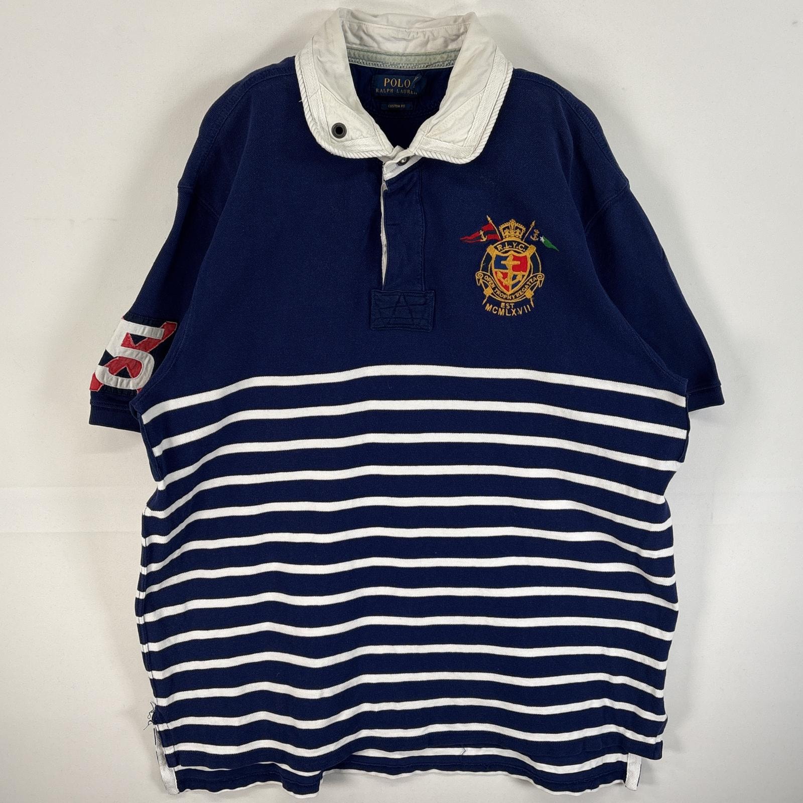 古着 ポロ・ラルフローレン POLO RALPH LAUREN 鹿の子 半袖 ラガーシャツ ロゴ 刺繍 メタルボタン CUSTOM  FIT 14041  ネイビー系 ボーダー メンズ
