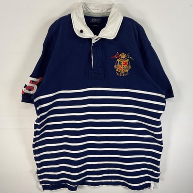 古着 ポロ・ラルフローレン POLO RALPH LAUREN 鹿の子 半袖 ラガーシャツ ロゴ 刺繍 メタルボタン CUSTOM FIT 14041 ネイビー系 ボーダー メンズ