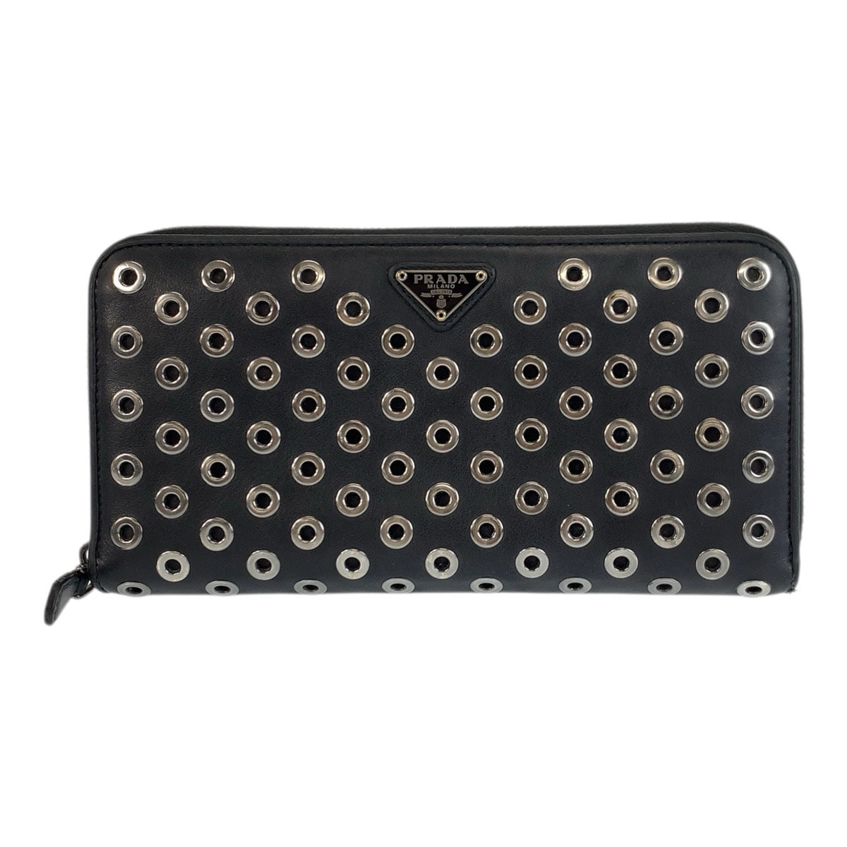 PRADA プラダ パンチング 三角ロゴプレート ブラック 黒 シルバー金具 レザー 長財布 ロングウォレット 601541 【中古】