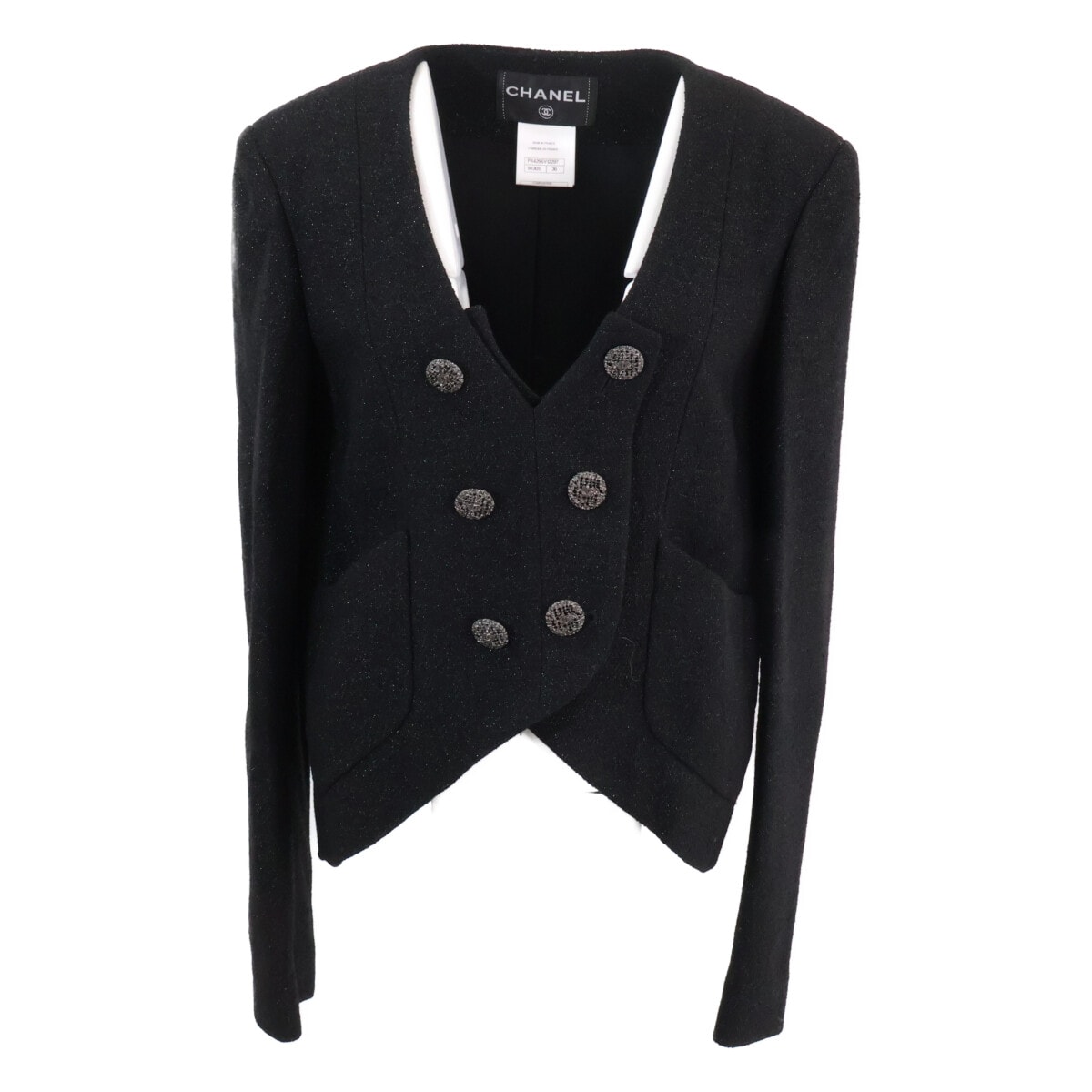 シャネル 美品 12AW P44296V12297 ブラック ウールナイロン ツイードノーカラージャケット 36