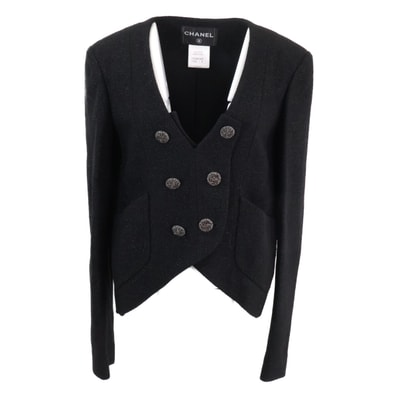 シャネル 美品 12AW P44296V12297 ブラック ウールナイロン ツイードノーカラージャケット 36