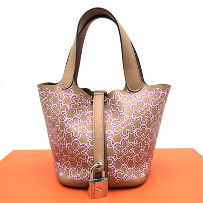 HERMES(エルメス)ピコタンロック ミクロ マイクロ ラッキーデイジー ハンドバッグ トートバッグ チャイ ローズ ピンク 花柄 フラワープリント レザー シルバー金具 レディース【中古】