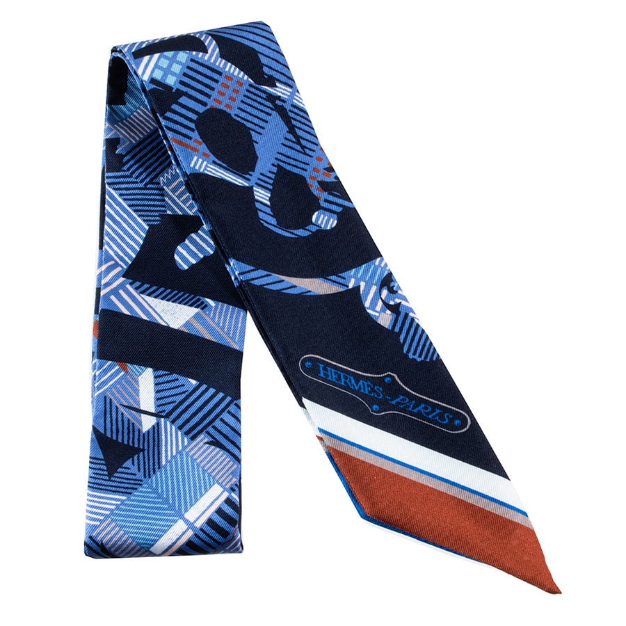 HERMES エルメス ツイリー Cavalcadour Morning カヴァルカドゥール モーニング 063142S 08 スカーフ 2018SS シルク ネイビー ブルー【中古】